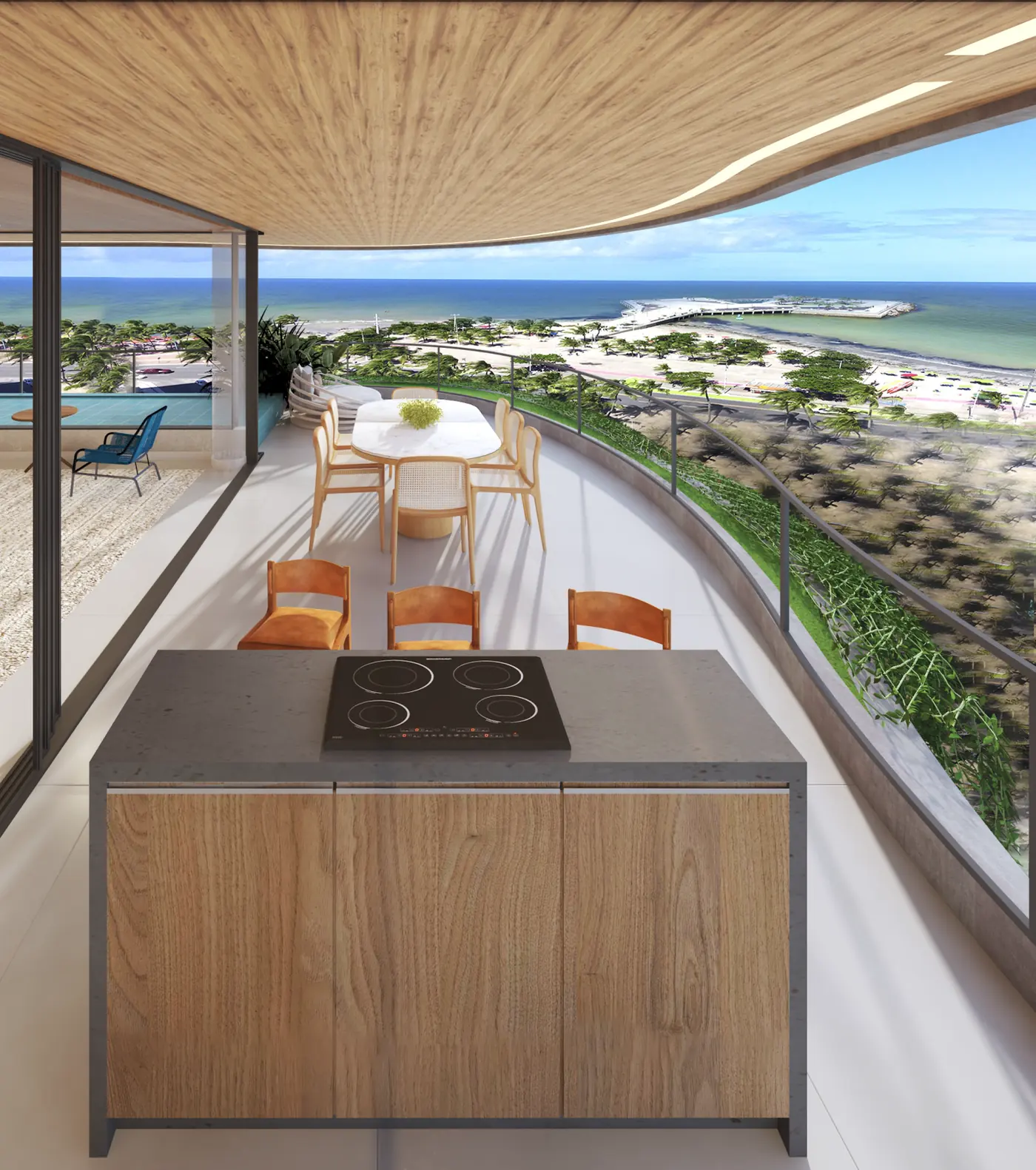 Varanda do América Veiga com cooktop e vista para a orla