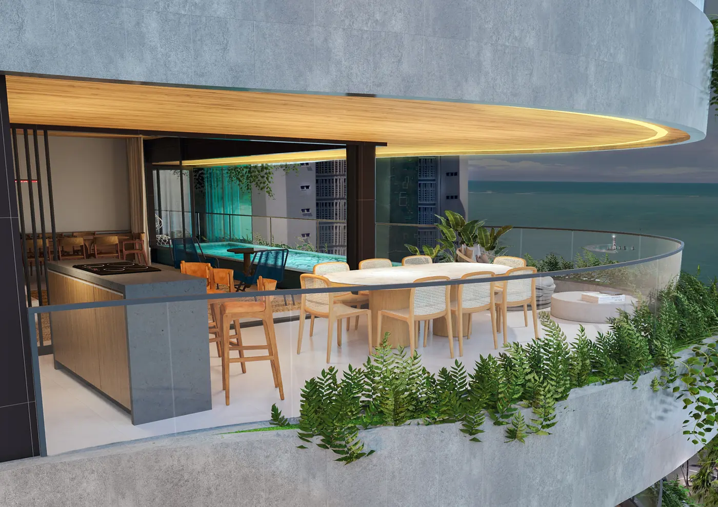 Varanda gourmet do América Veiga com vista para o mar