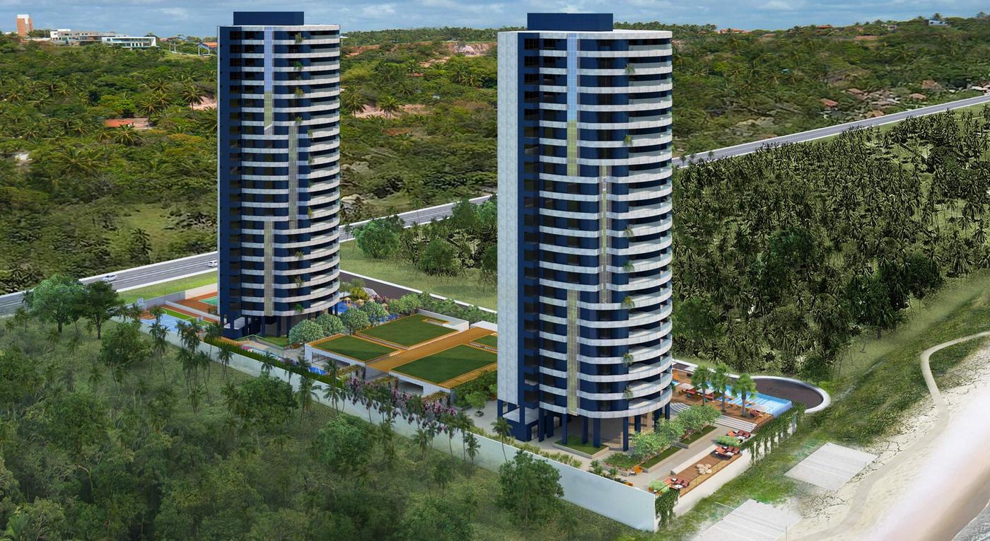 Torres do Maison Plage em Guaxuma com lazer voltado para o mar
