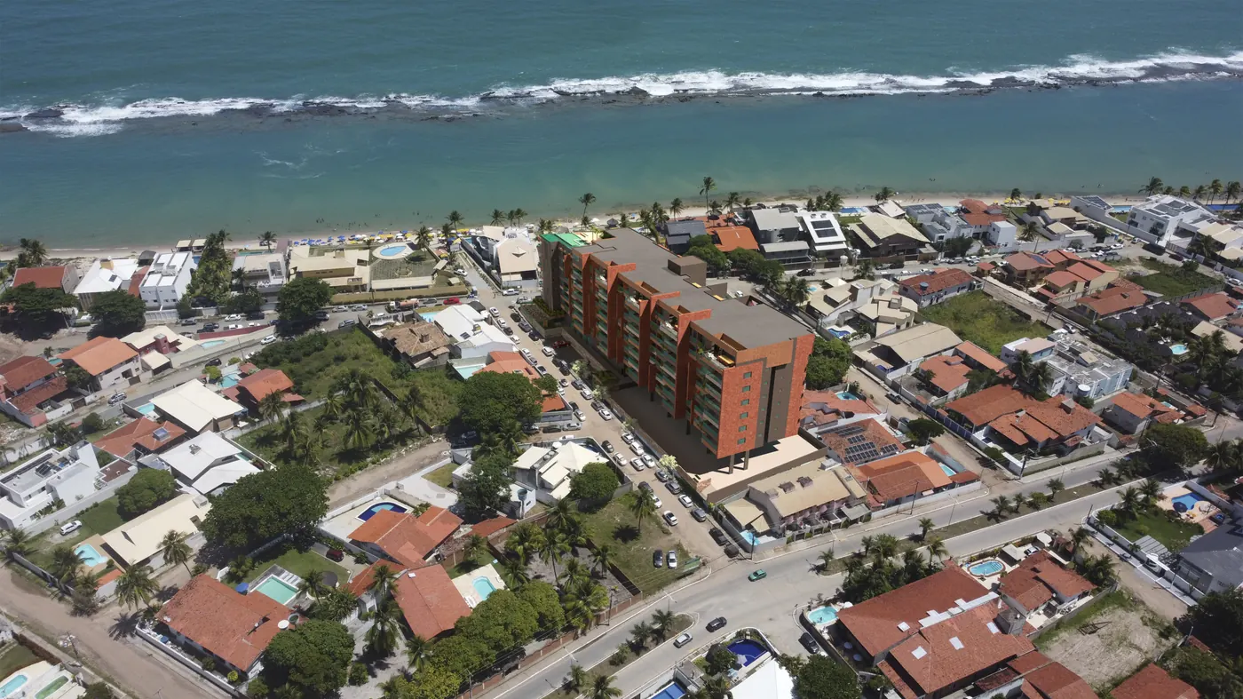 Vista aérea do Sun Apart Hotel junto à praia da Barra de São Miguel